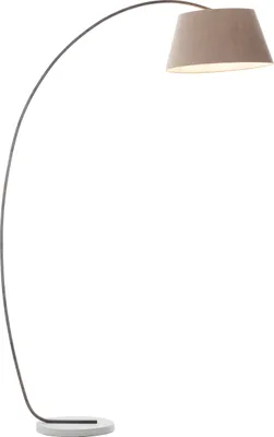 A floor lamp with a curved arm and a beige lampshade, set against a white background.