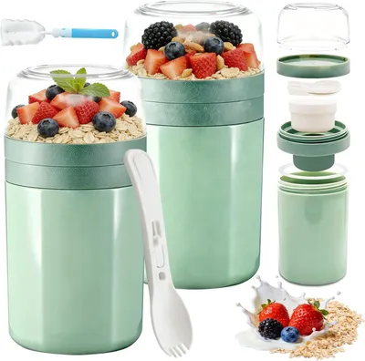 Imagen del producto de Taza para el desayuno con cuchara, diseño de 3 capas, 520 ml + 250 ml, libre de BPA, apta para microondas
