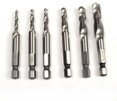 Image de Jeu de 6 tarauds, tige de 1/4 pouce, 1/8 pouce, 5/32 pouce, 3/16 pouce, 5/16 pouce, 3/8 pouce, en acier, outil polyvalent pour le perçage