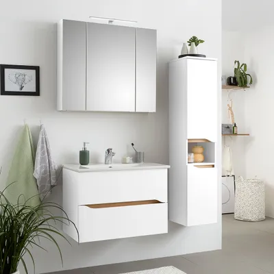 Produktbild von Badezimmer Set mit Keramik Waschbecken QUEIMADOS-66 in Weiß Glanz mit Weiß Hochglanz, B/H/T ca. 110/200/45 cm
