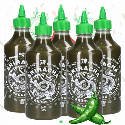 Produktbild von A-One Sriracha Sauce Grüne Chilli 12 x 500ml Würzsaucen - 12er Vorteilspack Chilisauce - Aus grünen Chilis hergestellt - Super für Sushi, Gastronomie