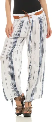 Produktbild von 271  Damenhose weite Damen Hose gestreifte Haremshose Ballonhose Schlaghose Pluderhose Pumphose Sommerhose stripes Streifen mit Ledergürtel  Weiß
