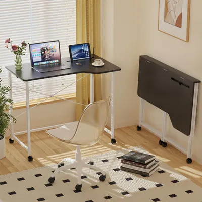 Produktbild von Klappbarer Schreibtisch - L-förmiger Computertisch mit Rollen - Faltbarer Bürotisch für kleines Homeoffice - Metallgestell - Schwarz