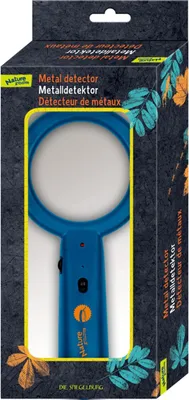 The image shows the packaging of a blue metal detector toy.