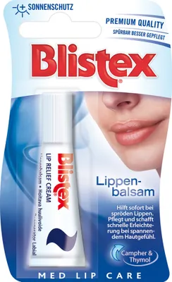 Packaging for Blistex lip balm, showing the product tube and a close-up of lips.