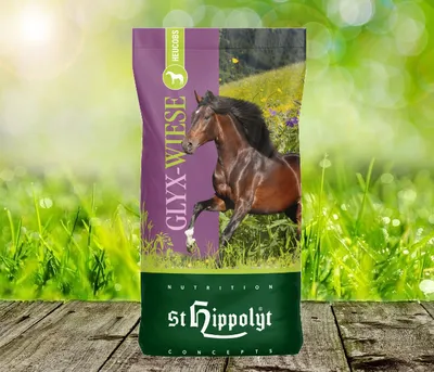 A bag of horse feed with a horse image on it, set against a blurred green background.