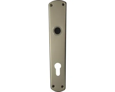 A silver-colored door handle escutcheon plate with a keyhole and a circular indentation for a cylinder lock, set against a white background.