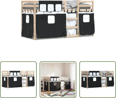 Produktbild von The Living Store Etagenbett mit Vorhängen Weiß Schwarz 90x200 cm Kiefernholz