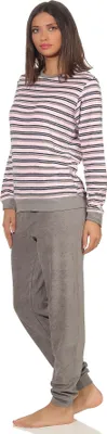Produktbild von Edler Damen Frottee Pyjama langarm Schlafanzug mit Bündchen in Streifenoptik - 291 13 569 ; rosa , 40