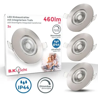 Immagine prodotto di Faretti LED da incasso dimmerabili ultrapiatti per bagno, LED integrati 5W, foro Ø68mm, luce calda 3000K, 460Lm, set da 3, rotondi, plastica color nichel opaco 230V IP44