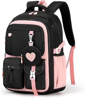 Productafbeelding van Meisjes rugzak schoolrugzak, zwart-roze, voor school en reizen, met muntzak