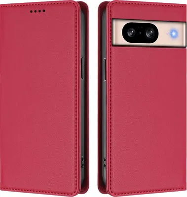 Produktbild von Handyhülle für Google Pixel 8, Kunstleder Klapphülle Stoßfeste Magnetische Hülle mit Ständer Rot