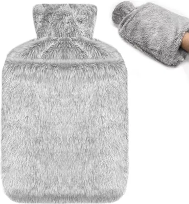Produktbild von 2.0L Wärmflasche mit Flauschigem Bezug Grau, auslaufsicher Naturkautschuk, für Nacken, Schulter, Rücken, Beine, Taillenwärmung