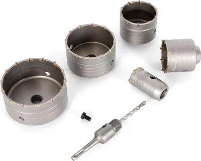 Produktbild von Beton Kernbohrer Set - SDS-Plus Adapter - Ø40/68/80/100/120 mm - Länge 50 mm - Wolframstahl - Silber