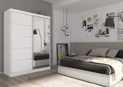 Produktbild von AGMAT Schwebetürenschrank Kira, Kleiderschrank mit 2 Türen und Spiegel, Moderne Garderobe in Farbe: Weiß / Weiß, Schrank in Größe: 160 x 216 x 61 cm