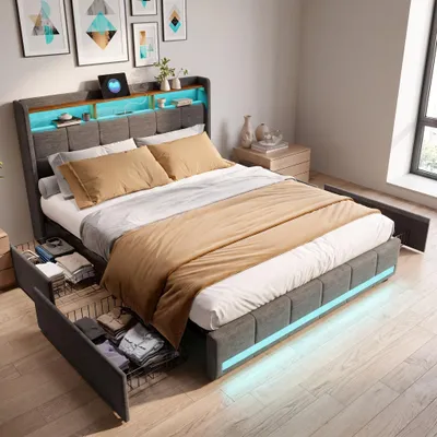 Obrázok produktu pre INONEFT čalúnená posteľ 160x200 cm s funkciou USB nabíjania, posteľ pre mládež/dvojlôžková posteľ so 4 zásuvkami, posteľ s úložným priestorom, roštom a LED osvetlením, materiál: ľan, farba: sivá