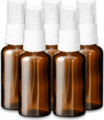 Produktbild von 5x Glasflasche braun 50 ml mit weißem Zerstäuber leere Kosmetikflasche