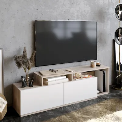 Obrázek produktu pro Skye Decor, moderní TV stolek, 149,8 x 42,9 x 35,3 cm, 100% melaminem potažená dřevotřísková deska, tloušťka 18 mm, řada polic, možnost montáže na zeď, barvy Cordoba a bílá, elegantní a funkční.