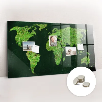 Produktbild von Magnetische Wandtafel aus Glas – Memotafel mit gebogener Vorderseite – Enthält 5 Magnete – 120x60 cm – Weltkarte mit Grasdesign