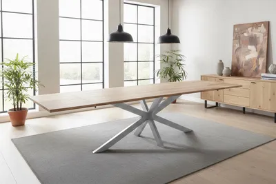 Produktbild von Esstisch Baumkante Akazie natur 200(300)x100 Ansteckplatten Spider-Gestell silber AVINO