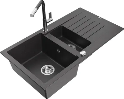 Produktbild von Mexen Matias 1,5-Becken-Granitspüle mit Abtropffläche und Mischbatterie Flora, Schwarz/Gold metallisch - 6502-76-670401-08