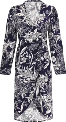 Produktbild von Damen Midi Wickelkleid Grau XL im romantischen Stil mit V-Ausschnitt und Blumendruck