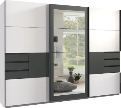 Produktbild von Schwebetürenschrank Kleiderschrank 270 cm 3-türig Schubladen Spiegel Weiß Grafit / 22502