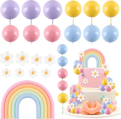 Productafbeelding van Taarttopper - Set van 26 - Regenboog - Macaronballen - Taartdecoratie met bloemen - Hippie-taarttopper - Madeliefje