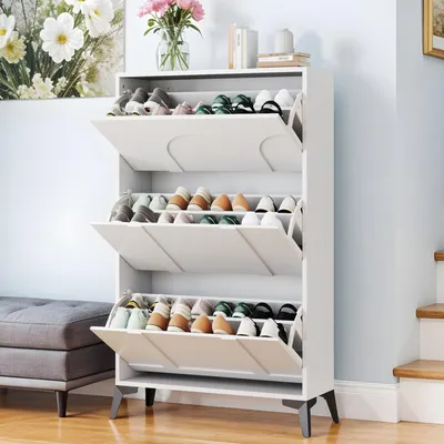 Produktbild von Schuhschrank mit 2 Klappen, Weiß, Schmal, Verstellbar, 117x24x80cm für Flur & Eingangsbereich