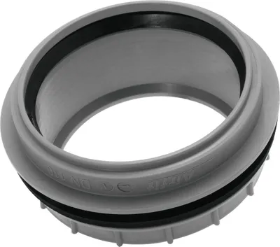 A close-up studio shot of a gray pipe fitting with black rubber seals.