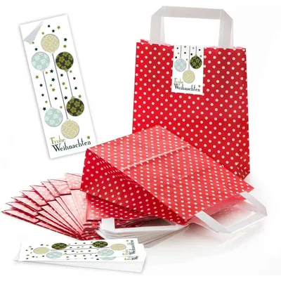 Produktbild von 5 rot weiß gepunktete Papiertüten HEILIGER NIKOLAUS Geschenk-tüten Weihnachtstüten Boden 18 x 8 x 22 cm kleine Papiertaschen + Aufkleber rot weiß Verpackung Weihnachten rot weiß beigeWeihnachtskugeln / 100 Stück