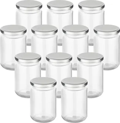 Produktbild von gouveo 12er Set Einmachgläser 350 ml rund mit Schraubdeckel silberfarben - Vorratsgläser mit Schraubverschluss - Schraubgläser zum Einkochen und Aufbewahren