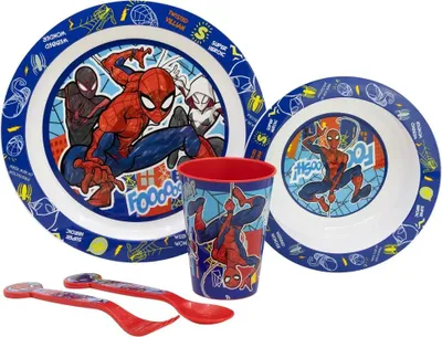 Produktbild von Marvel Spiderman Kinder Geschirr-Set 5 teilig Becher Teller Schüssel Besteck
