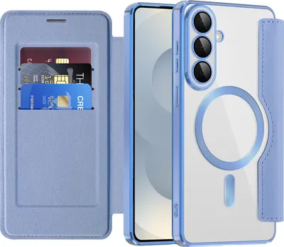 Produktbild von Klapphülle für Samsung Galaxy S26+ Kompatibel mit Magsafe, Klar Überzug Kartenhalter Ledertasche mit Kameraschutz Hellblau