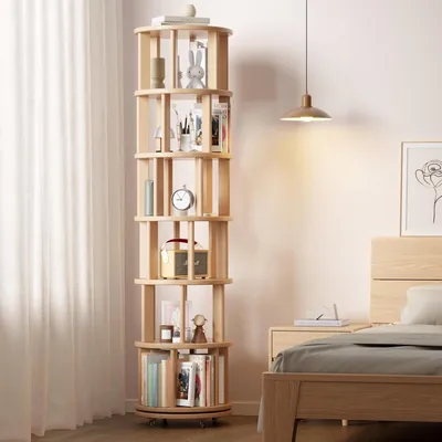 Immagine prodotto di Libreria girevole a 6 ripiani, in legno massello, con ruote, rotazione a 360°, finitura in legno naturale