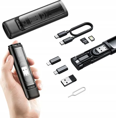 A collage of a portable charging cable kit and its accessories, with one item being held in a hand.