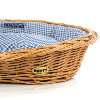 Produktbild von Handgeflochtener Weidenkorb Wikikorb mit Baumwoll-Hundebett – Marineblau mit Karo – Waschbar & Gepolstert – DOTTY