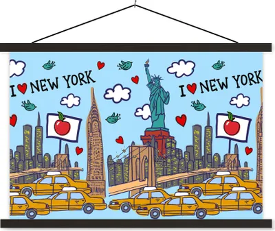 Produktbild von MuchoWow® Textilposter New York - Zeichnung - Freiheitsstatue 150x100 cm mit schwarzem Rahmen - Schlafzimmer