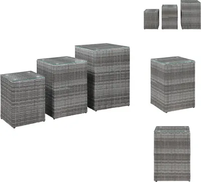 Image de vidaXL Tables d'appoint 3 pièces avec plateau en verre Gris Poly rotin - Tables d'appoint