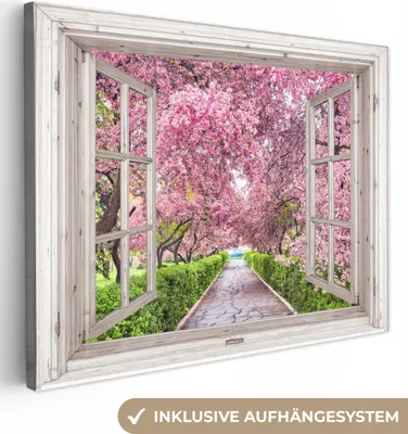 Produktbild von Leinwand Bilder 80x60 cm - Fensterblick - Japanisch - Sakura - Blüte - Baum - Fensterblick, Bilder, Wanddeko, Wandbilder Wohnzimmer