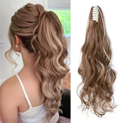 Produktbild von Pferdeschwanz Clip Extensions 60 cm Gewellt Hellbraun mit Aschblond Highlights Synthetik
