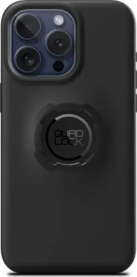 A black iPhone case with a Quad Lock mount on the back.