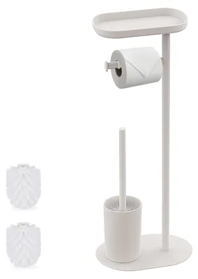 Produktbild von Relaxdays WC Garnitur, HBT: 67 x 23 x 17 cm, stehender Klopapierhalter, Klobürste, Ablage, 2 Ersatzbürstenköpfe, weiß