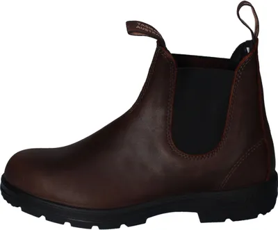 A side view of a brown leather Chelsea boot with a black sole.