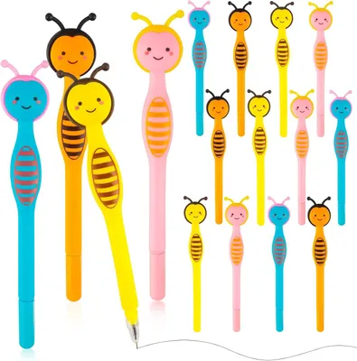 Productafbeelding van Cartoonbalpenset - 16-delig - Gelbalpen - Bijenserie - Cadeaus voor kinderfeestjes - Bijenliefhebbers