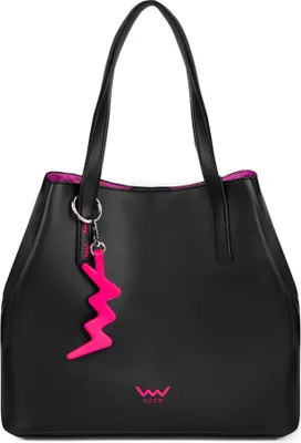 A black tote bag with pink accents and a pink lightning bolt charm.