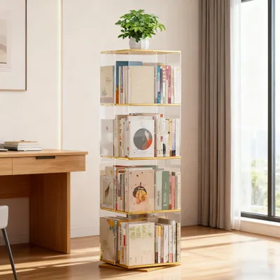 Produktbild von 360° Drehbares Bücherregal 4 Ebenen 16 Fächer Standregal, 122cm  Acryl & Massivholz  für Kinderzimmer, Schlafzimmer und Wohnzimmer