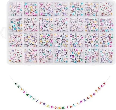Produktbild von Weißes Plastik-Alphabet Perlen Set 7mm runde Perlen mit Buchstaben und Kristallfaden für DIY Schmuck