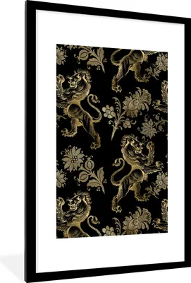Produktbild von MuchoWow® Gerahmtes Poster Muster - Löwe - Gold - Schwarz 60x90 cm - Poster mit Schwarzem Bilderrahmen Wandposter Rahmen Foto Bilder - Dekoration - Wandposter Wohnzimmer - Hochwertig