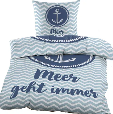 Produktbild von Renforce Bettwäsche, 135x200 + 80x80cm, Anker/Meer blau weiß, Baumwolle, Anker+Schriftzug: Meer macht glücklich
